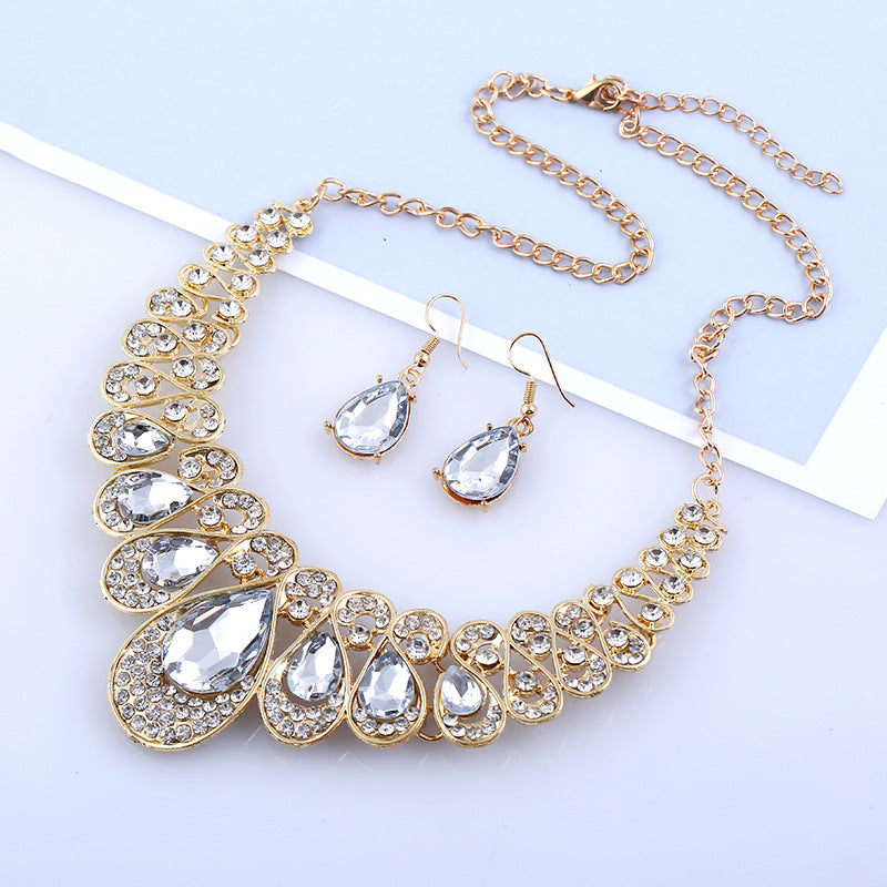 Wholesale Metal Sparkling Diamond Water Drop Gem Necklace Earrings Set